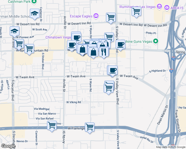 map of restaurants, bars, coffee shops, grocery stores, and more near 4090 West Twain Avenue in Las Vegas