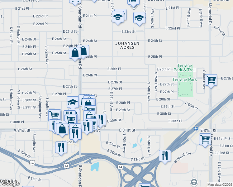 map of restaurants, bars, coffee shops, grocery stores, and more near 6713 East 28th Street in Tulsa