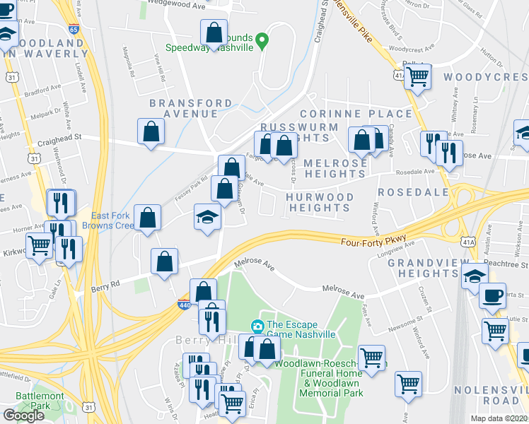 map of restaurants, bars, coffee shops, grocery stores, and more near 2724 Rosedale Place in Nashville
