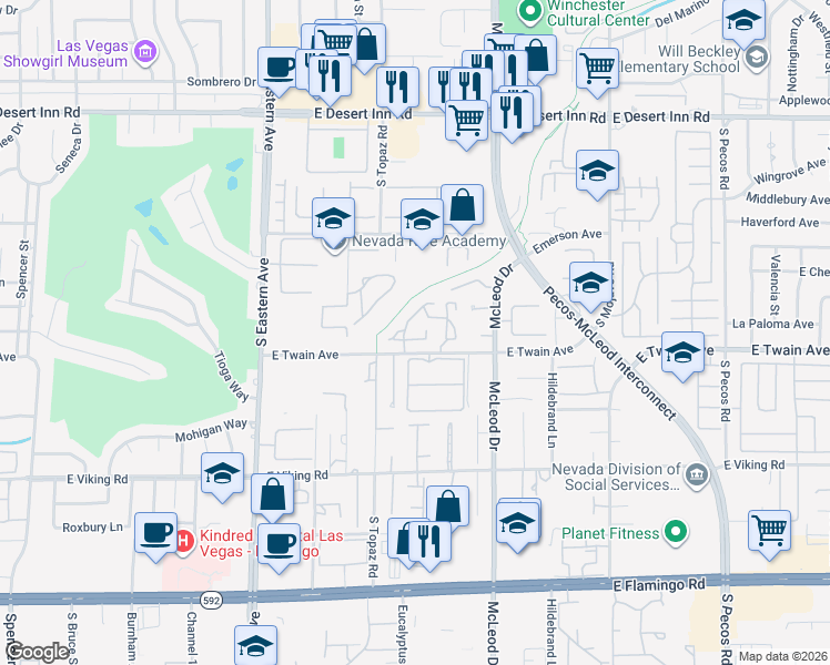 map of restaurants, bars, coffee shops, grocery stores, and more near 2716 Laguna Shores Lane in Las Vegas