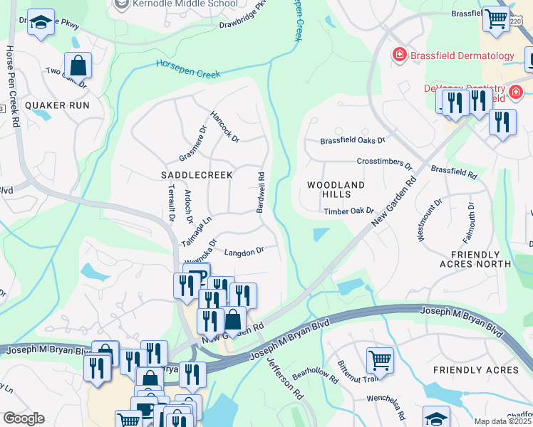 map of restaurants, bars, coffee shops, grocery stores, and more near 2904 Bardwell Rd in Greensboro