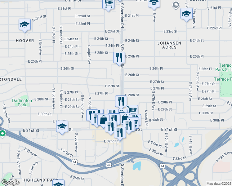 map of restaurants, bars, coffee shops, grocery stores, and more near 2717 South Norwood Avenue in Tulsa