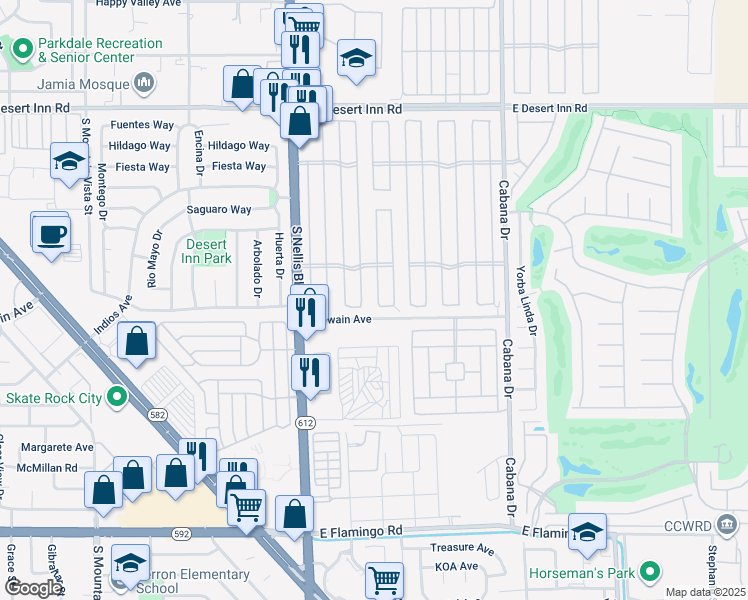map of restaurants, bars, coffee shops, grocery stores, and more near 3665 Estes Park Drive in Las Vegas