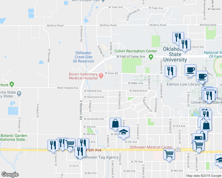 map of restaurants, bars, coffee shops, grocery stores, and more near 2022 West Admiral Avenue in Stillwater