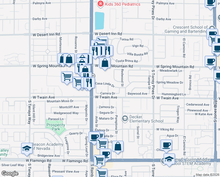 map of restaurants, bars, coffee shops, grocery stores, and more near 3644 Dana Way in Las Vegas