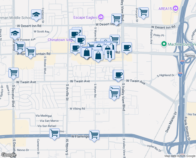 map of restaurants, bars, coffee shops, grocery stores, and more near 4090 West Twain Avenue in Las Vegas