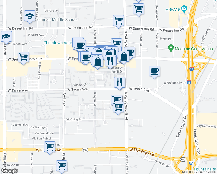 map of restaurants, bars, coffee shops, grocery stores, and more near 3681 Melonies Drive in Las Vegas