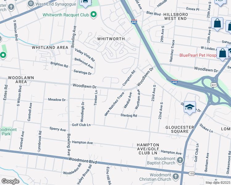 map of restaurants, bars, coffee shops, grocery stores, and more near 3029L Woodlawn Drive in Nashville