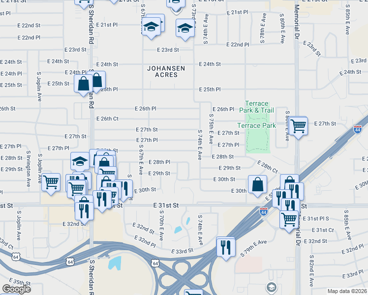 map of restaurants, bars, coffee shops, grocery stores, and more near 6785 E 28th St in Tulsa