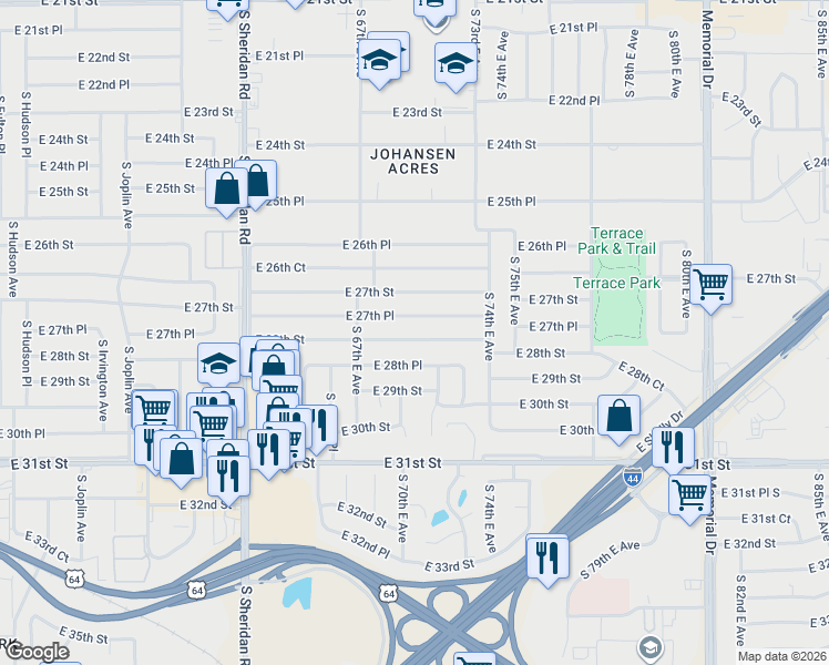map of restaurants, bars, coffee shops, grocery stores, and more near 6749 E 28th St in Tulsa