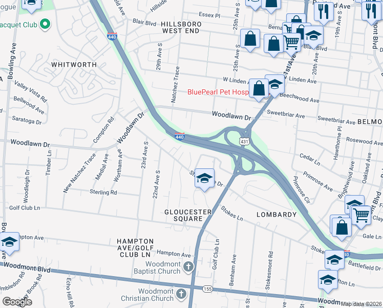 map of restaurants, bars, coffee shops, grocery stores, and more near 9 Sharonwood Drive in Nashville