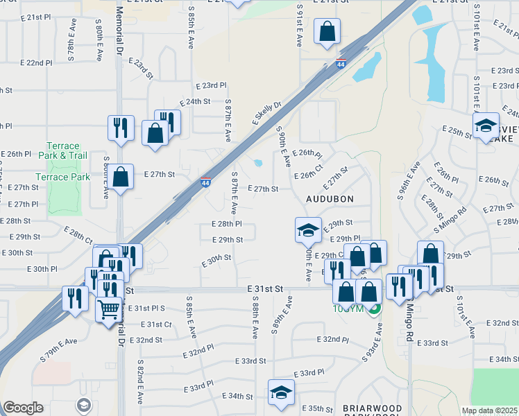 map of restaurants, bars, coffee shops, grocery stores, and more near 8738 East 28th Street in Tulsa