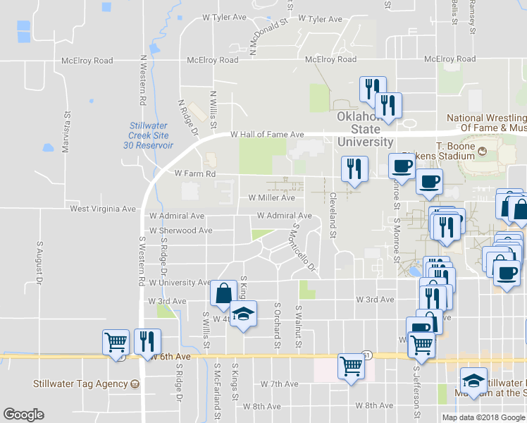 map of restaurants, bars, coffee shops, grocery stores, and more near 1806 W Admiral Ave in Stillwater