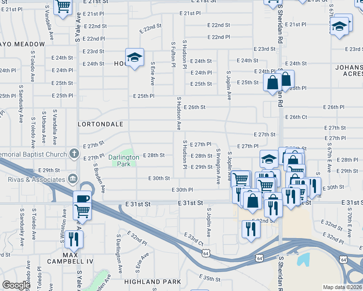 map of restaurants, bars, coffee shops, grocery stores, and more near 2728 South Hudson Place in Tulsa