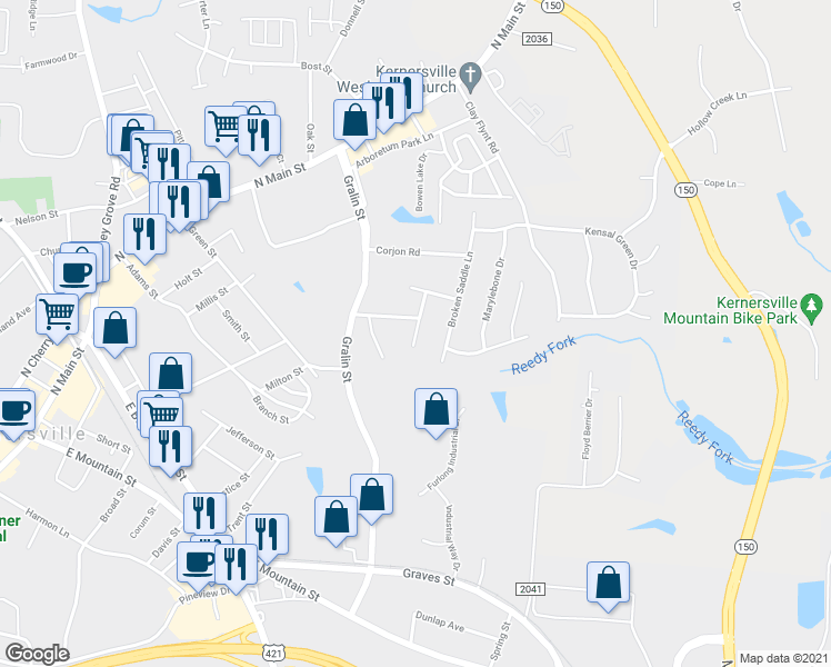 map of restaurants, bars, coffee shops, grocery stores, and more near 404 Tar Heel Lane in Kernersville