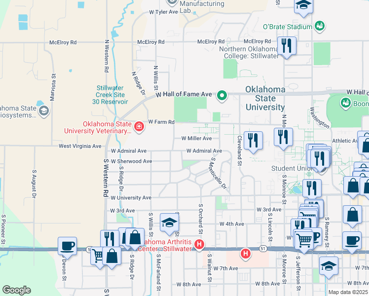map of restaurants, bars, coffee shops, grocery stores, and more near 1806 West Admiral Avenue in Stillwater