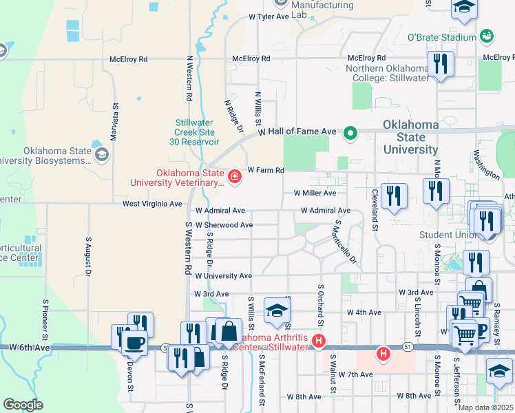 map of restaurants, bars, coffee shops, grocery stores, and more near 2022 West Admiral Avenue in Stillwater