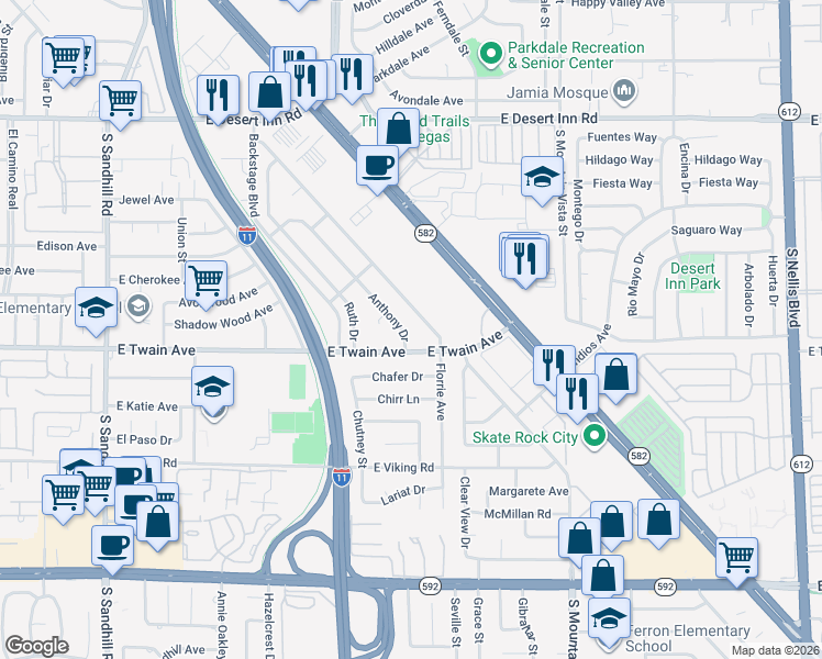 map of restaurants, bars, coffee shops, grocery stores, and more near 3666 Anthony Drive in Las Vegas