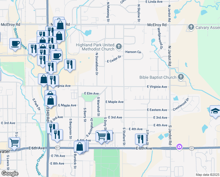map of restaurants, bars, coffee shops, grocery stores, and more near 102 South Grandview Street in Stillwater