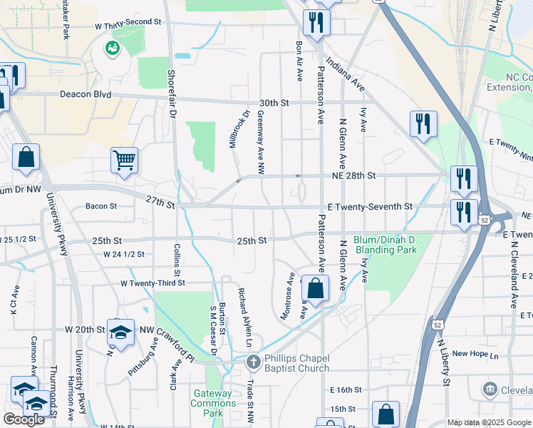 map of restaurants, bars, coffee shops, grocery stores, and more near Greenway Avenue Northwest in Winston-Salem