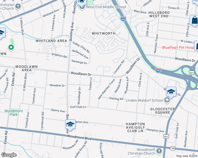 map of restaurants, bars, coffee shops, grocery stores, and more near 628 Timber Lane in Nashville