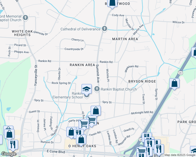 map of restaurants, bars, coffee shops, grocery stores, and more near 3413 Summit Avenue in Greensboro