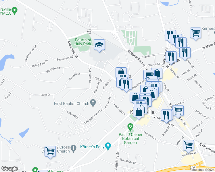 map of restaurants, bars, coffee shops, grocery stores, and more near 115 Clifton Street in Kernersville