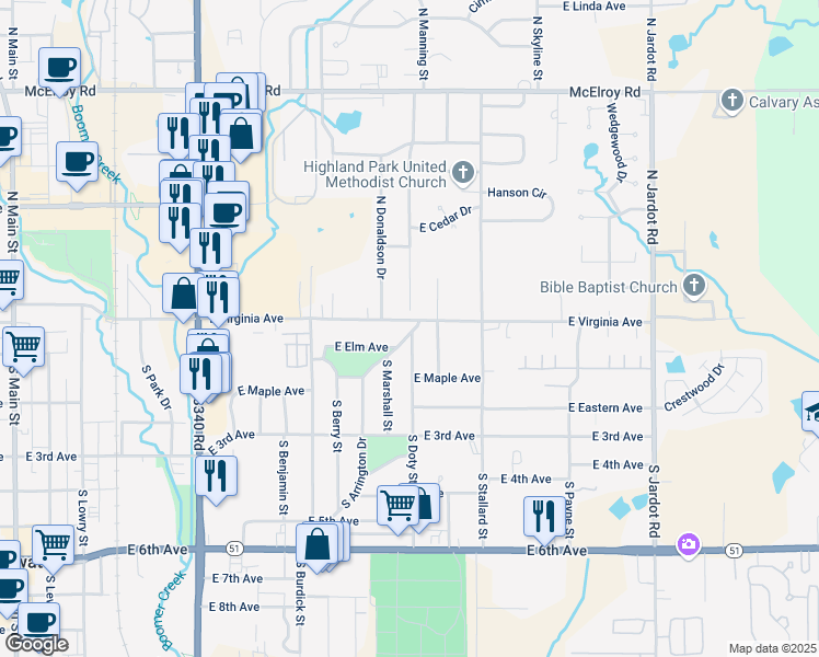 map of restaurants, bars, coffee shops, grocery stores, and more near 102 South Grandview Street in Stillwater