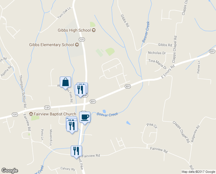 map of restaurants, bars, coffee shops, grocery stores, and more near 7541 East Emory Road in Corryton