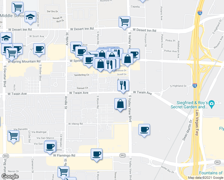 map of restaurants, bars, coffee shops, grocery stores, and more near 3681 Melonies Drive in Las Vegas