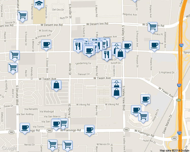map of restaurants, bars, coffee shops, grocery stores, and more near 4171 Gannet Circle in Las Vegas