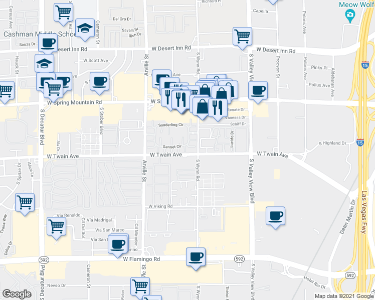 map of restaurants, bars, coffee shops, grocery stores, and more near 4171 Gannet Circle in Las Vegas