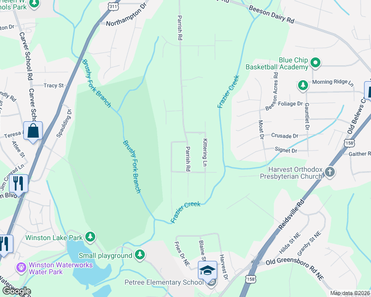 map of restaurants, bars, coffee shops, grocery stores, and more near 3248 Parrish Road in Winston-Salem