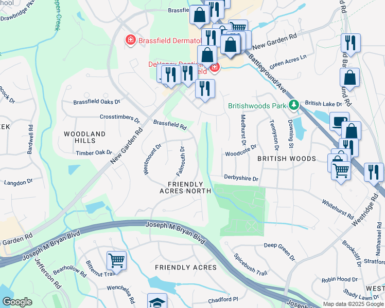 map of restaurants, bars, coffee shops, grocery stores, and more near 2017 Brassfield Road in Greensboro