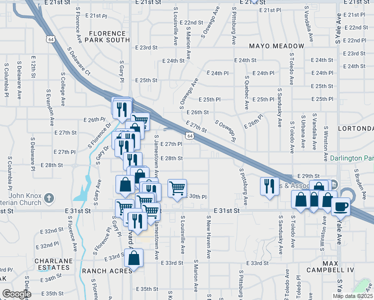 map of restaurants, bars, coffee shops, grocery stores, and more near 2735 South Louisville Avenue in Tulsa