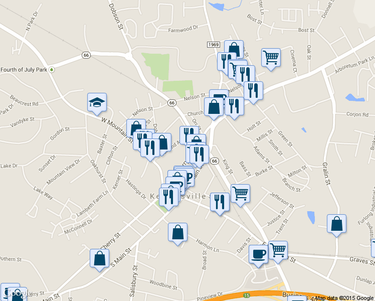 map of restaurants, bars, coffee shops, grocery stores, and more near 237 N Cherry St in Kernersville