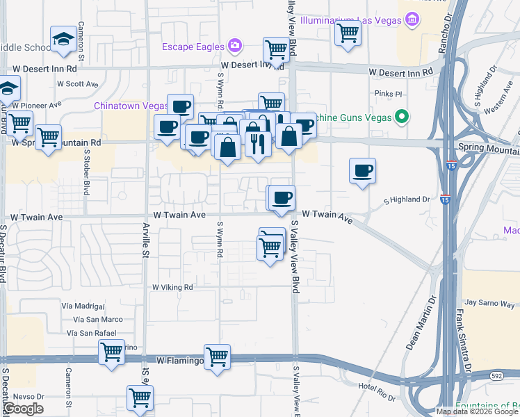 map of restaurants, bars, coffee shops, grocery stores, and more near 3682 Melonies Drive in Las Vegas