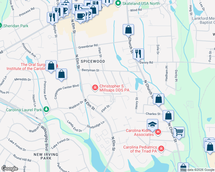 map of restaurants, bars, coffee shops, grocery stores, and more near 3617 Flint Street in Greensboro