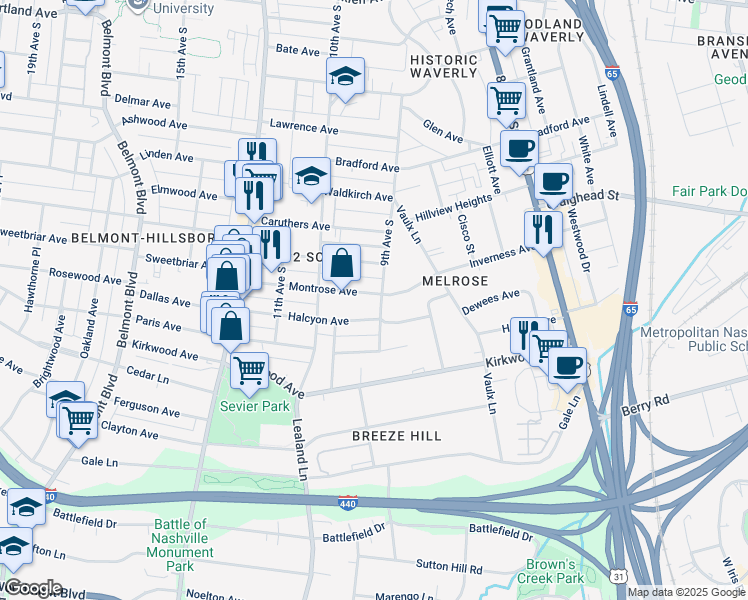 map of restaurants, bars, coffee shops, grocery stores, and more near 903 Montrose Avenue in Nashville
