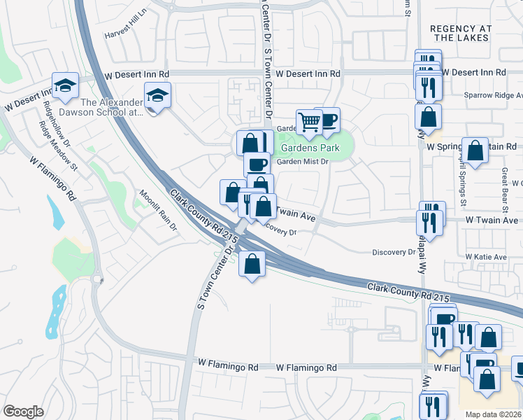 map of restaurants, bars, coffee shops, grocery stores, and more near 3650 South Town Center Drive in Las Vegas
