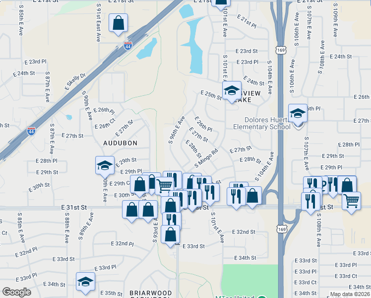 map of restaurants, bars, coffee shops, grocery stores, and more near 2825 S 96th E Pl in Tulsa