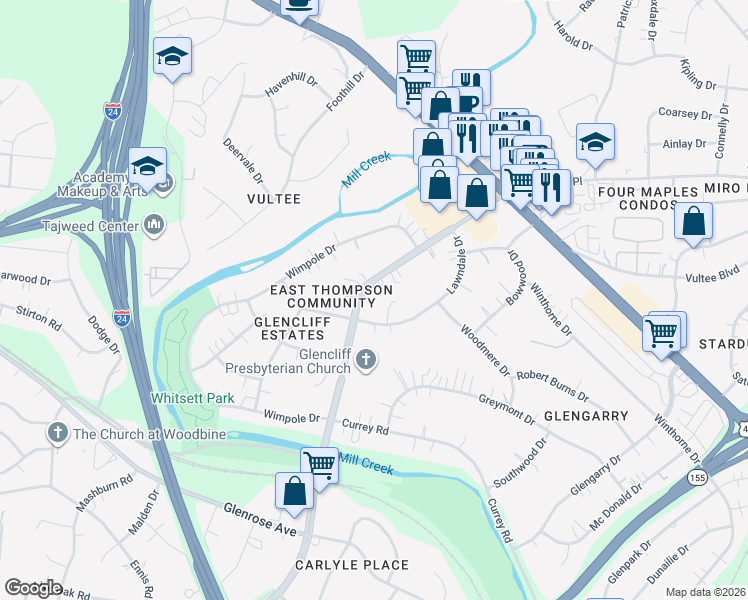 map of restaurants, bars, coffee shops, grocery stores, and more near 332 East Thompson Lane in Nashville