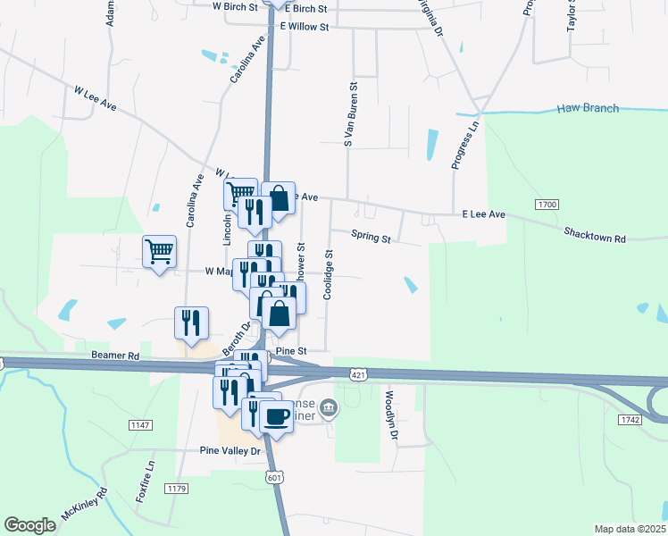map of restaurants, bars, coffee shops, grocery stores, and more near 637 Coolidge Street in Yadkinville