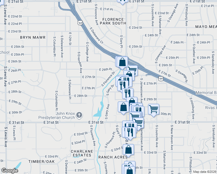 map of restaurants, bars, coffee shops, grocery stores, and more near 2754 South Gary Drive in Tulsa