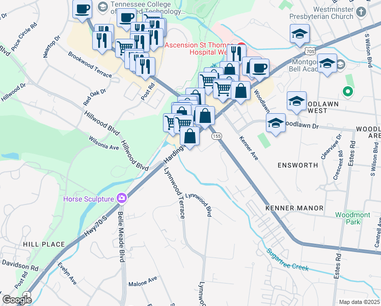 map of restaurants, bars, coffee shops, grocery stores, and more near 4525 Harding Pike in Nashville