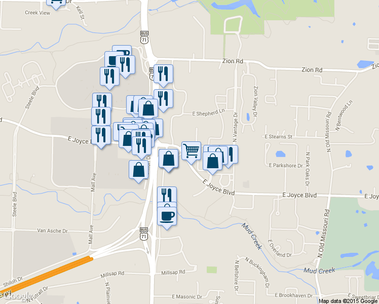 map of restaurants, bars, coffee shops, grocery stores, and more near 1164 E Joyce Blvd in Fayetteville