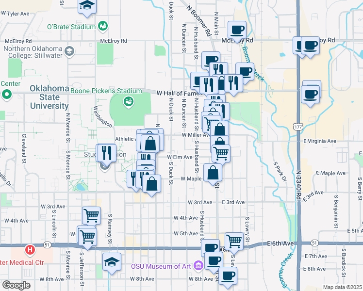 map of restaurants, bars, coffee shops, grocery stores, and more near 13 North Duncan Street in Stillwater