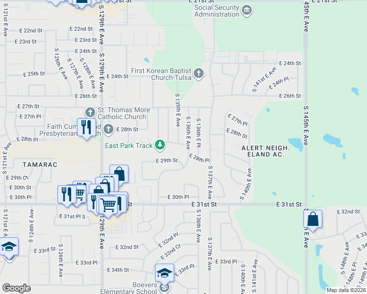 map of restaurants, bars, coffee shops, grocery stores, and more near 13512 East 28th Street in Tulsa