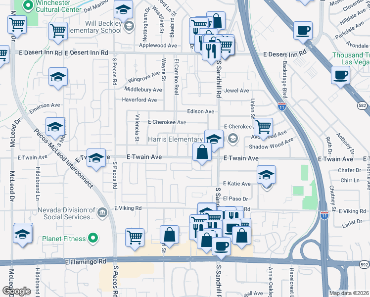 map of restaurants, bars, coffee shops, grocery stores, and more near 3673 Castille Street in Las Vegas