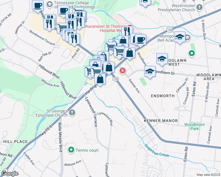 map of restaurants, bars, coffee shops, grocery stores, and more near 4206 Park Manor Boulevard in Nashville
